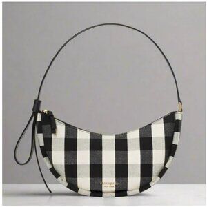 Kate Spade Smile Shoulder Bag Black Gingham Small Leather Fabric Zip Top White